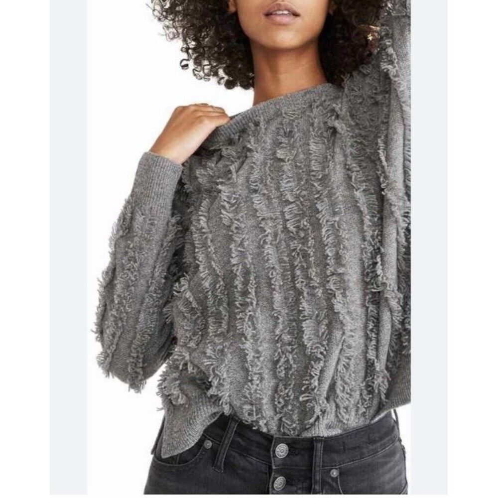 Madewell Merino Wool Fringe Sweater Women’s XXS Gray Textured Knit